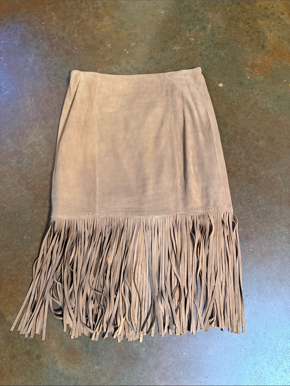 Etcetera Taupe Suede Fringe Midi Skirt